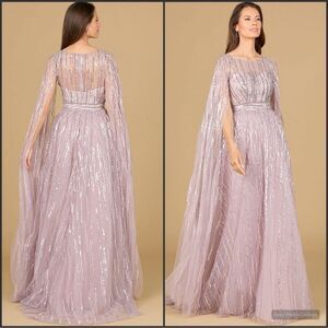 LARA A Line Gown With Long Cape Sleeves